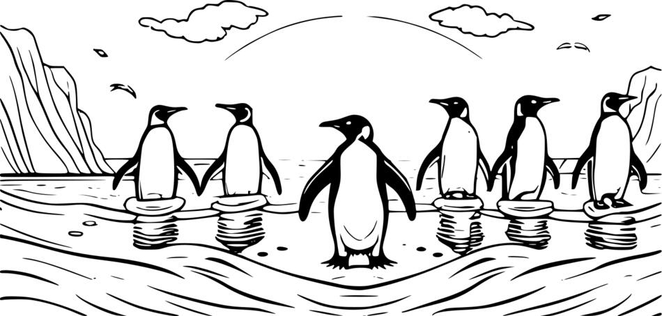Coloring book Penguins in the sea (Horizontal)
