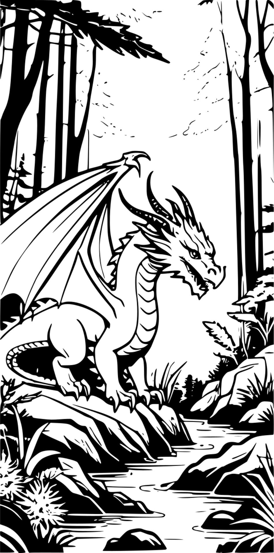 Livre de coloriage Dragons dans les forêts profondes (Verticale)