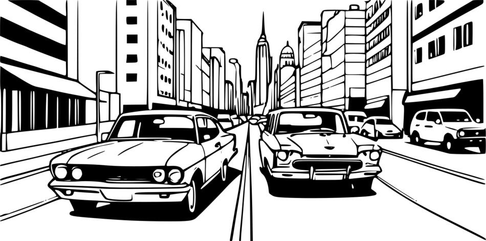 Раскраска Автомобили в городском пейзаже (Горизонтальный)